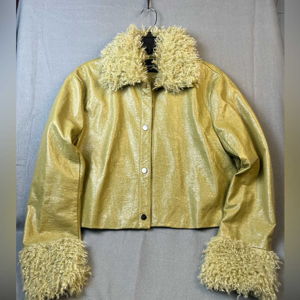 Boohoo Green Curly Shearling Fur Trim Jacket